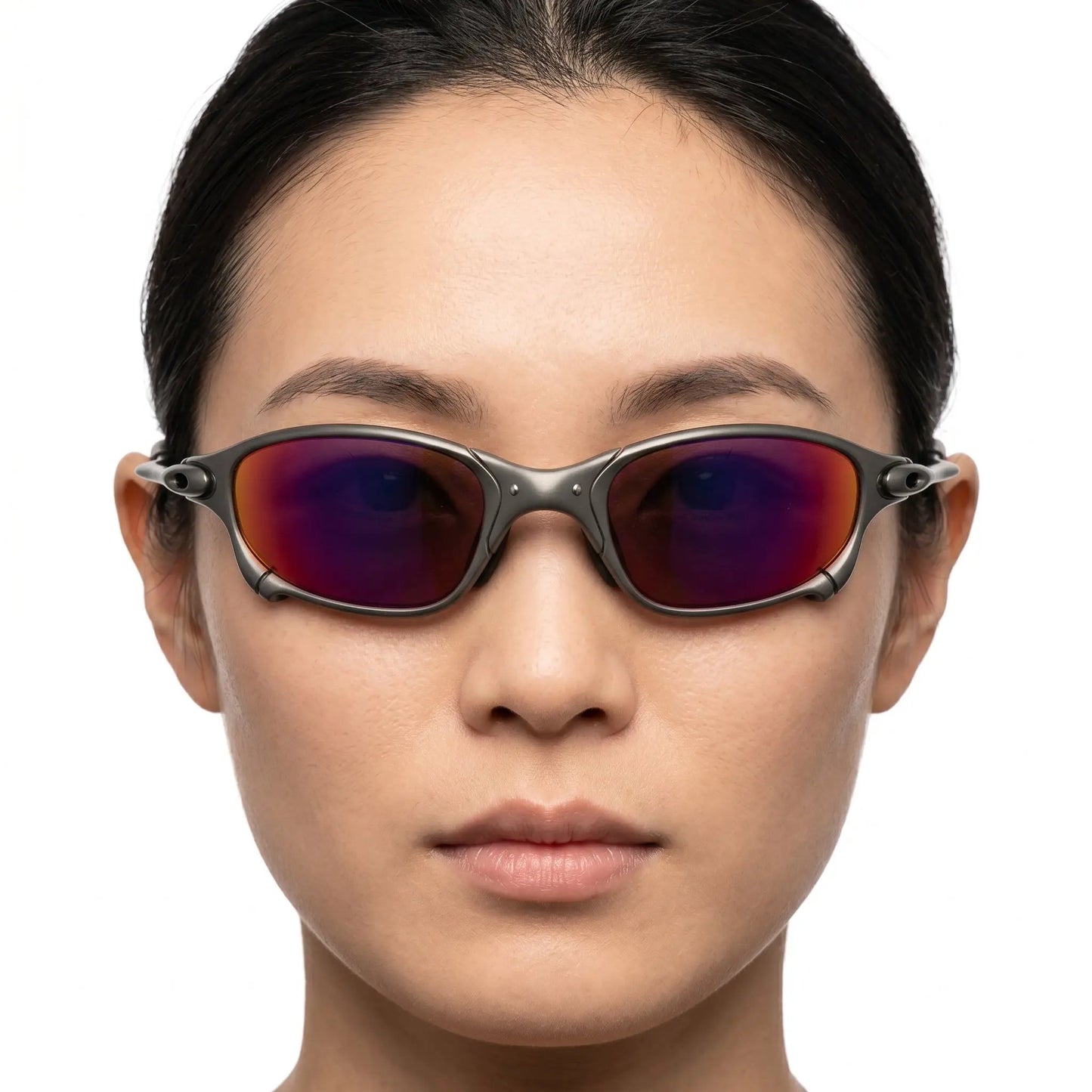 Aurelius wraparound gray metal sunglasses with purple mirrored lenses – Astroshadez