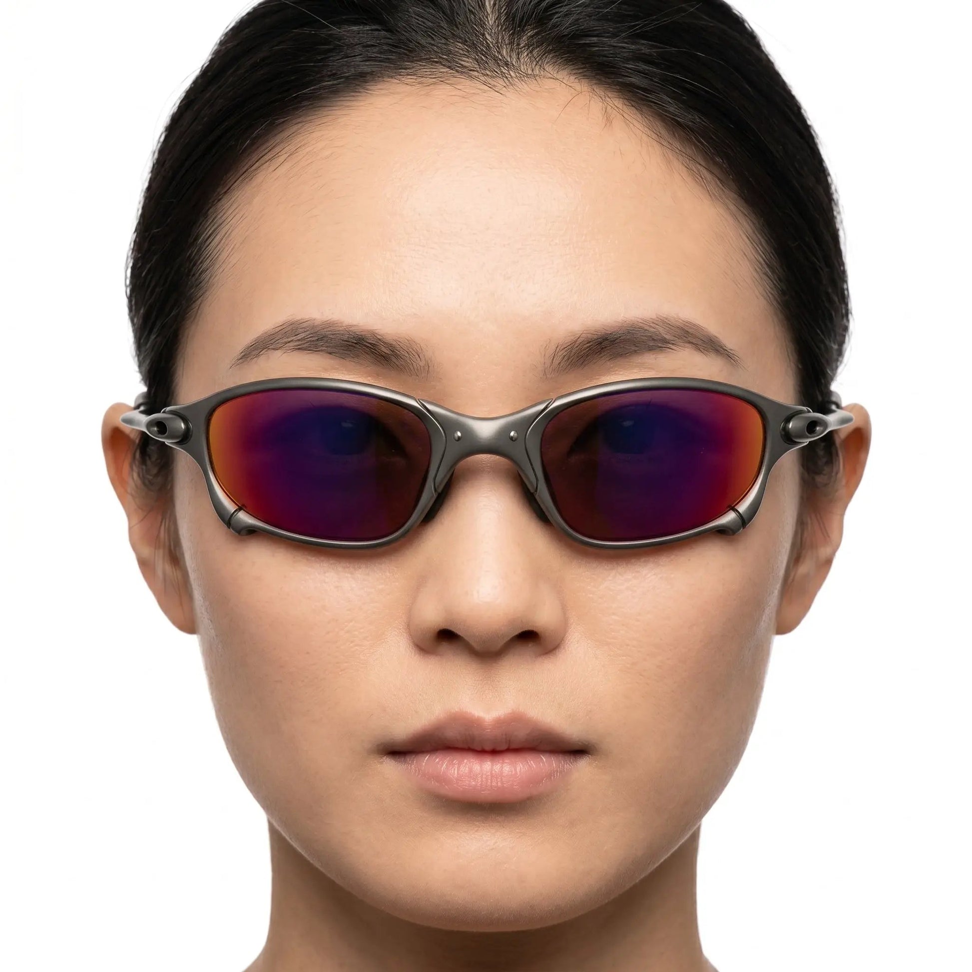 Aurelius wraparound gray metal sunglasses with purple mirrored lenses – Astroshadez