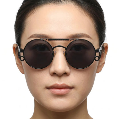 Noctis matte black metal round double-bridge sunglasses with dark lenses – Astroshadez