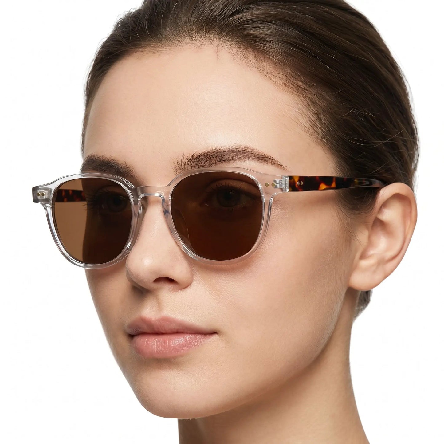 Solene polarized round sunglasses with clear translucent frame and brown lenses – Astroshadez