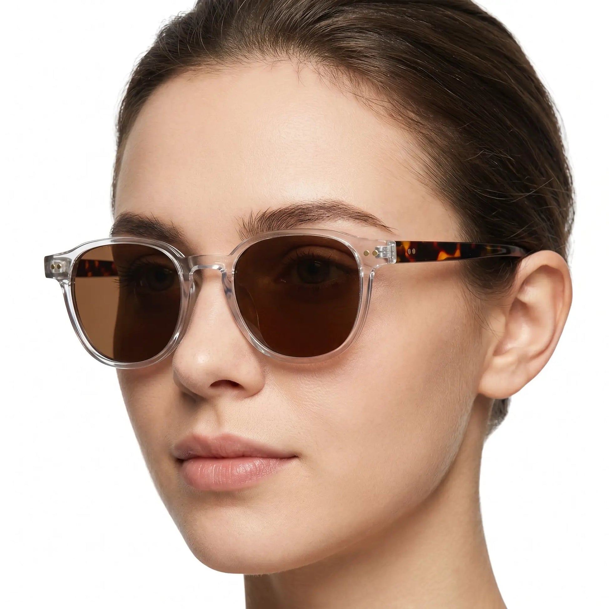 Solene polarized round sunglasses with clear translucent frame and brown lenses – Astroshadez