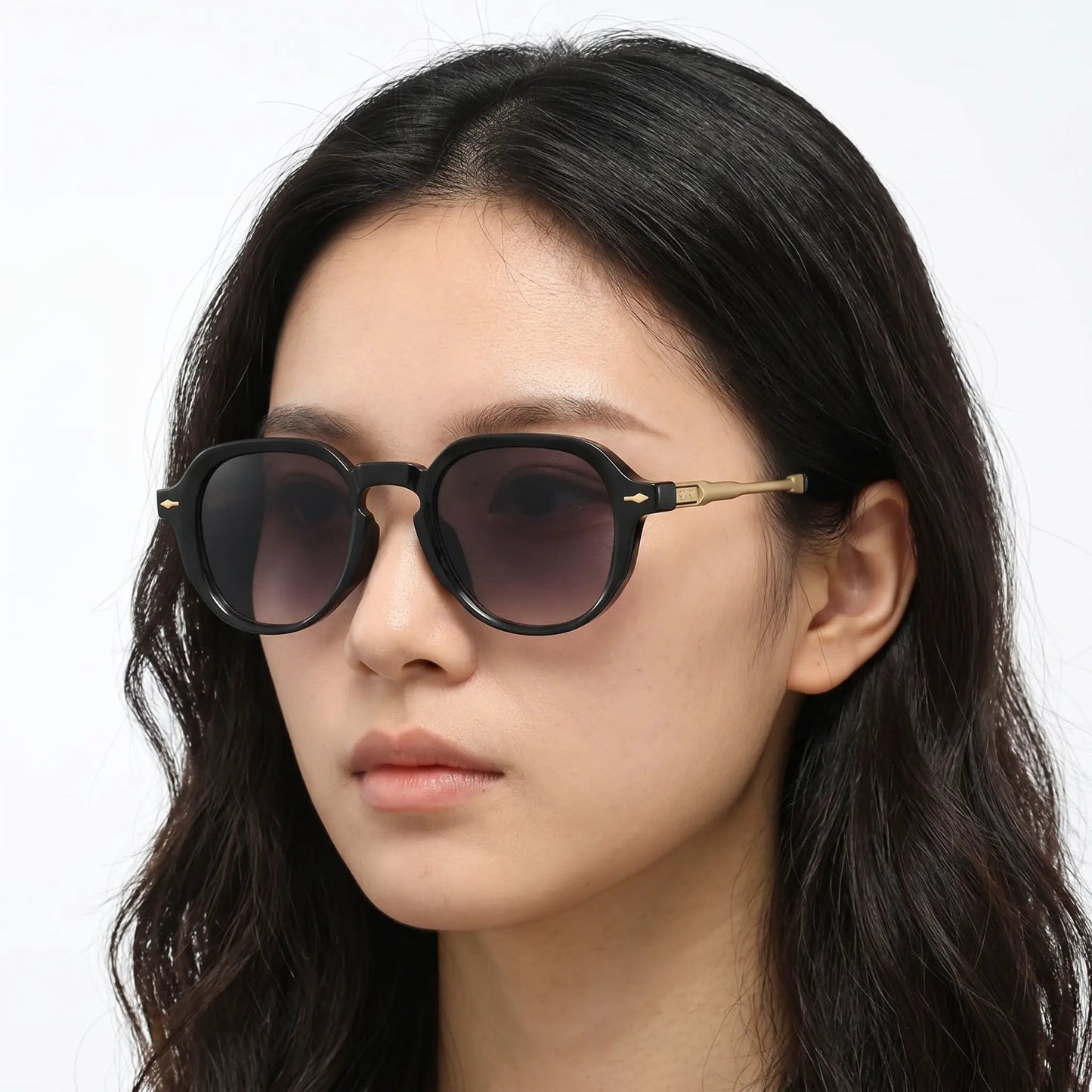 Aurelin Black Retro Oval Gradient Sunglasses with black frame, brown gradient lenses, gold-toned temples – Astroshadez