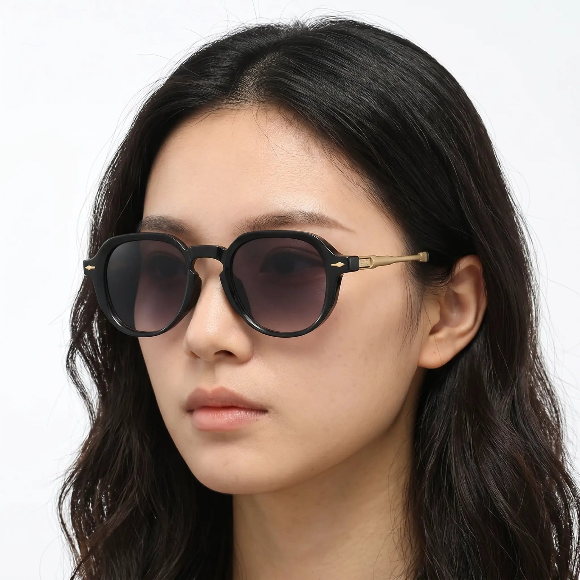 Aurelin Black Retro Oval Gradient Sunglasses with black frame, brown gradient lenses, gold-toned temples – Astroshadez