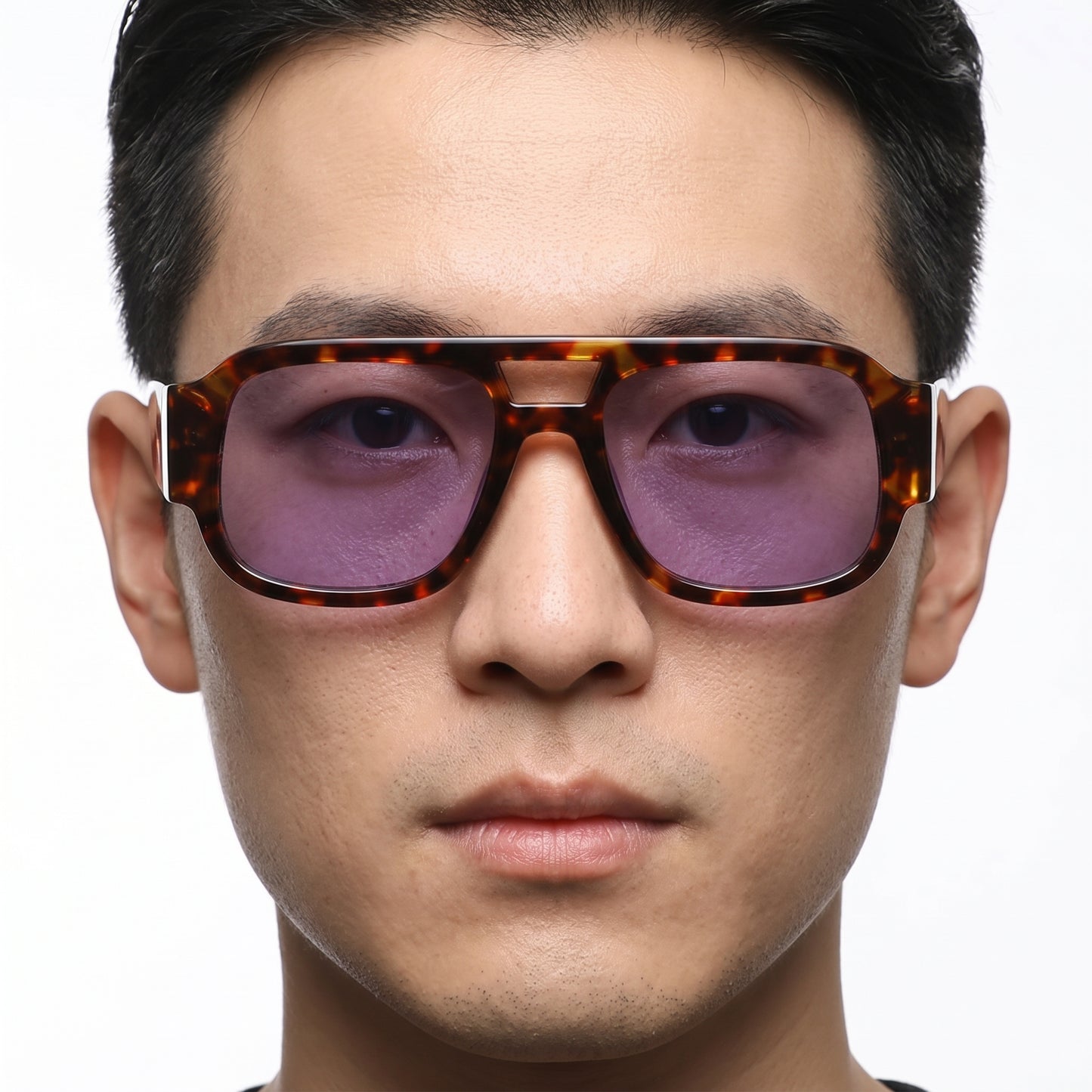 Luxon tortoiseshell double-bridge sunglasses with rectangular frames and purple lenses – Astroshadez