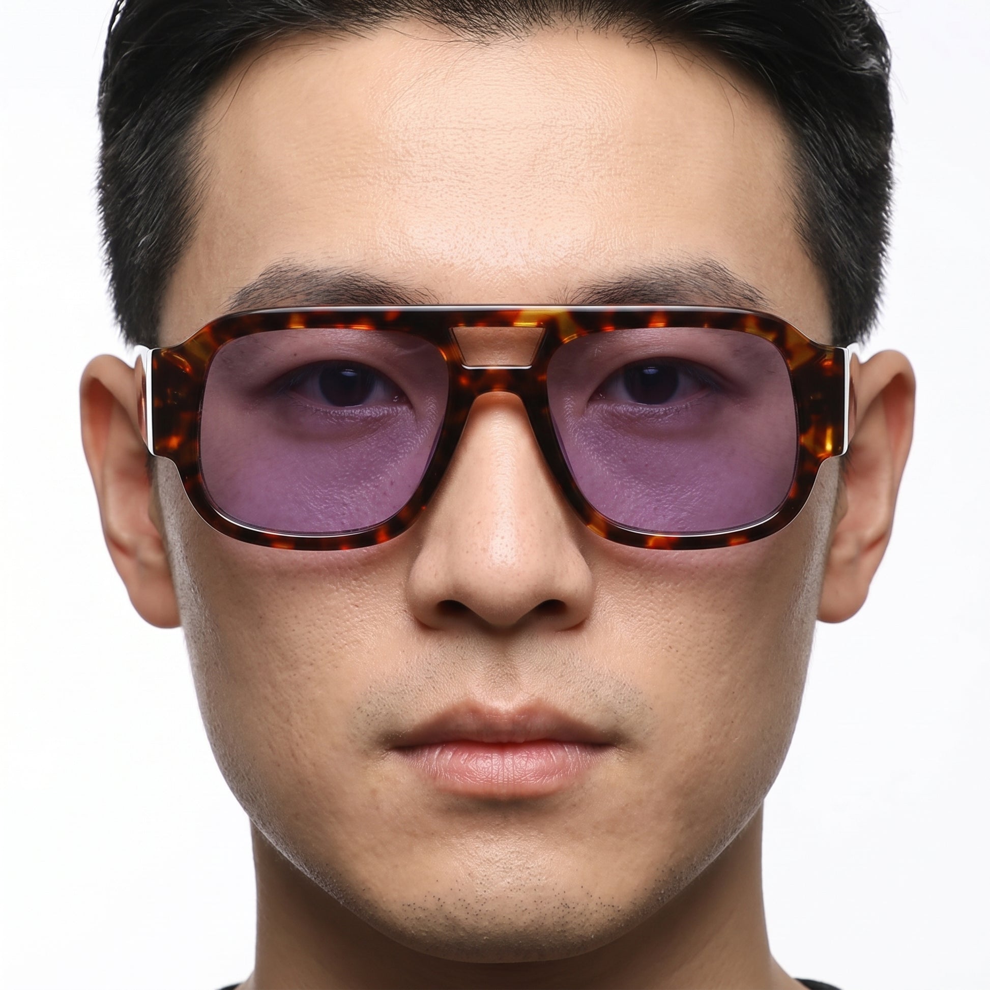 Luxon tortoiseshell double-bridge sunglasses with rectangular frames and purple lenses – Astroshadez