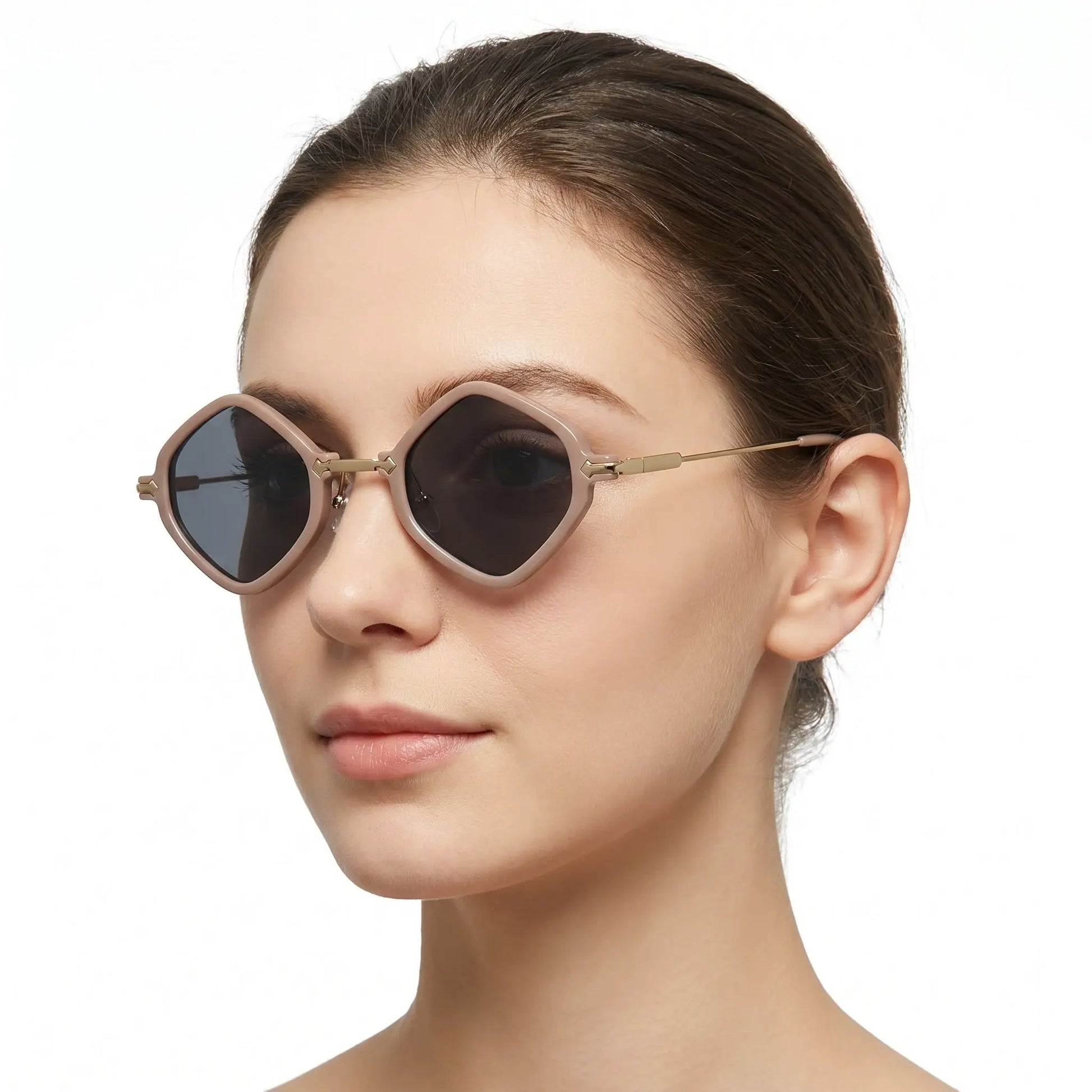 Quorin Mauve Square Gradient Sunglasses; mauve frame, dark gradient lenses, gold-tone arms – Astroshadez