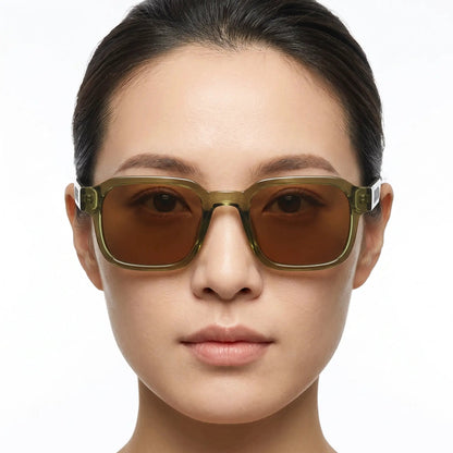 Aurex Translucent Amber Polarized Sunglasses with square-rectangular frame and brown lenses – Astroshadez