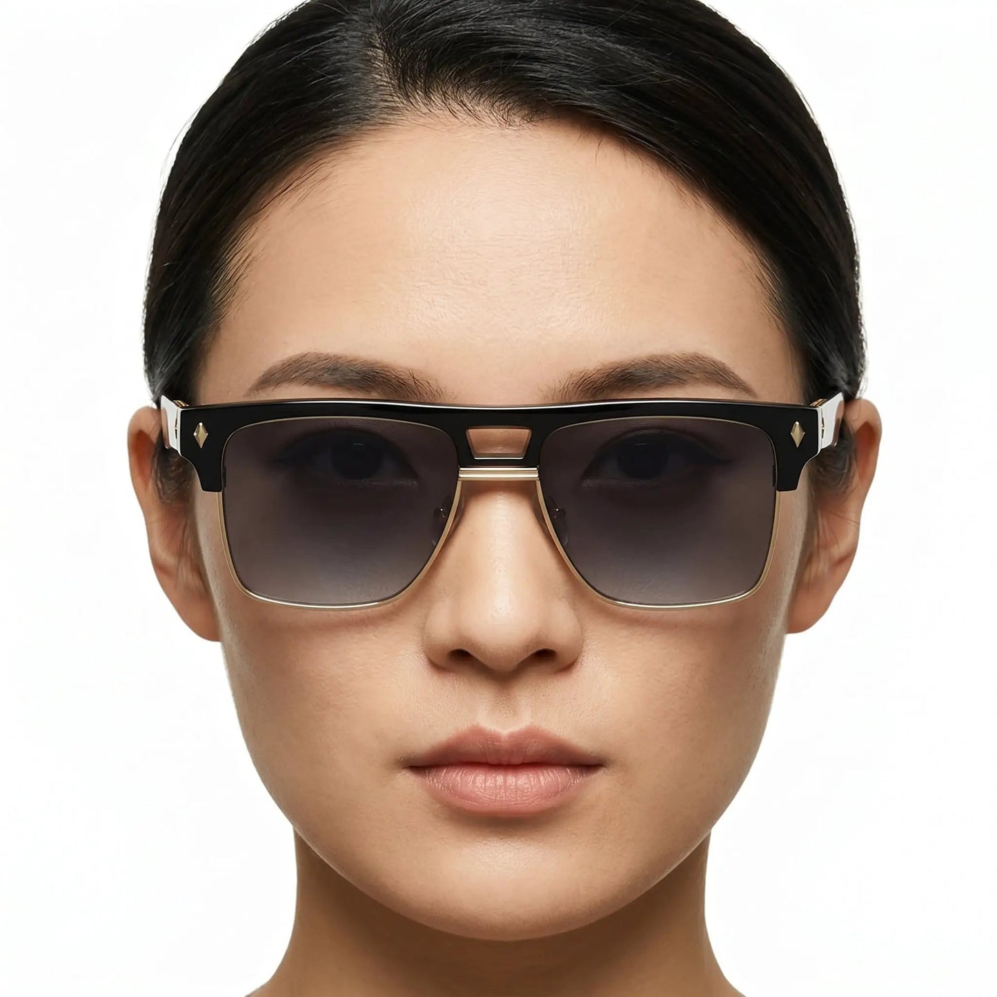 Aurelle Black Gold Oversize Half-Frame Sunglasses with black/gold frame and dark lenses – Astroshadez