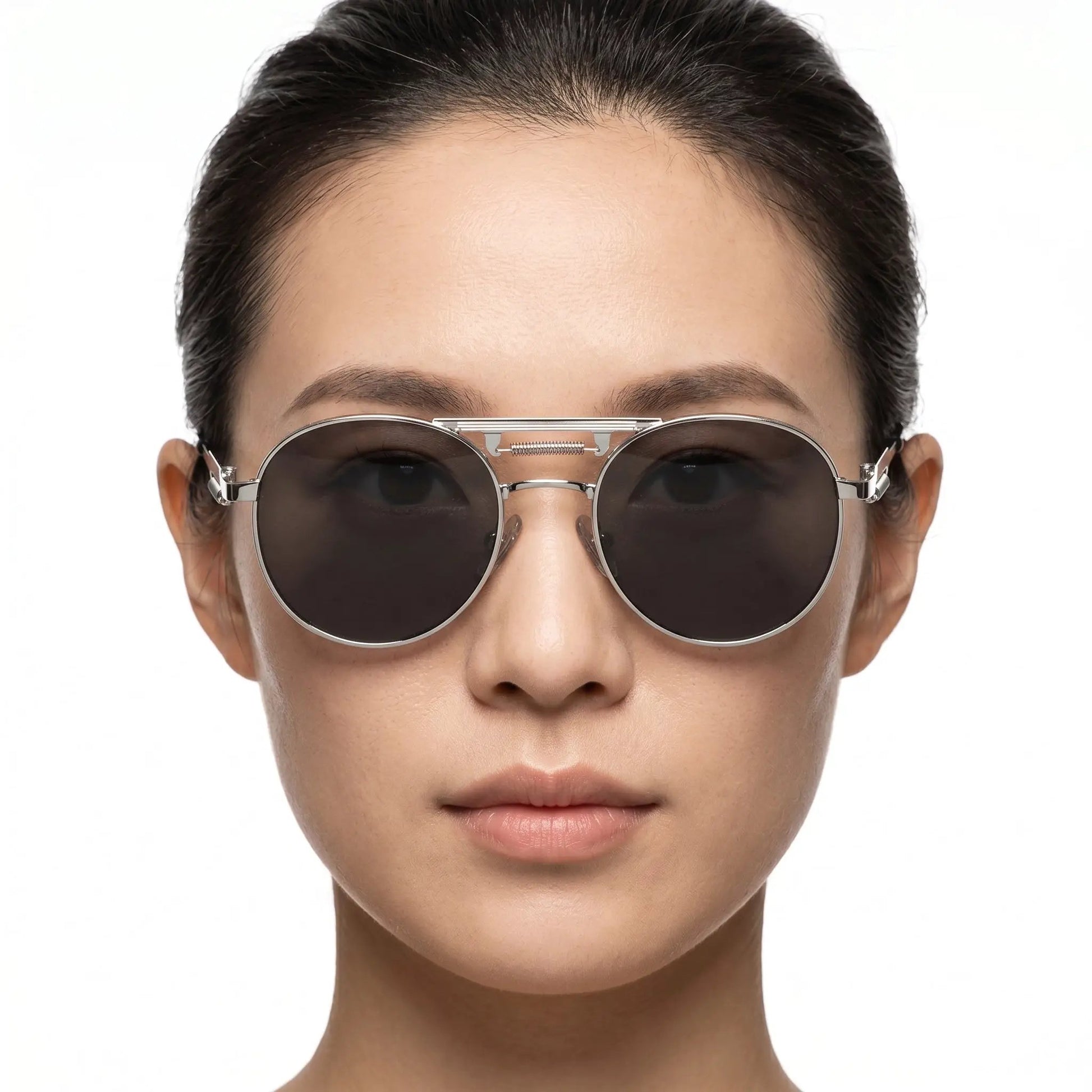 Aurelix silver metal round-frame sunglasses with dark lenses – Astroshadez