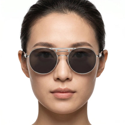 Aurelix silver metal round-frame sunglasses with dark lenses – Astroshadez