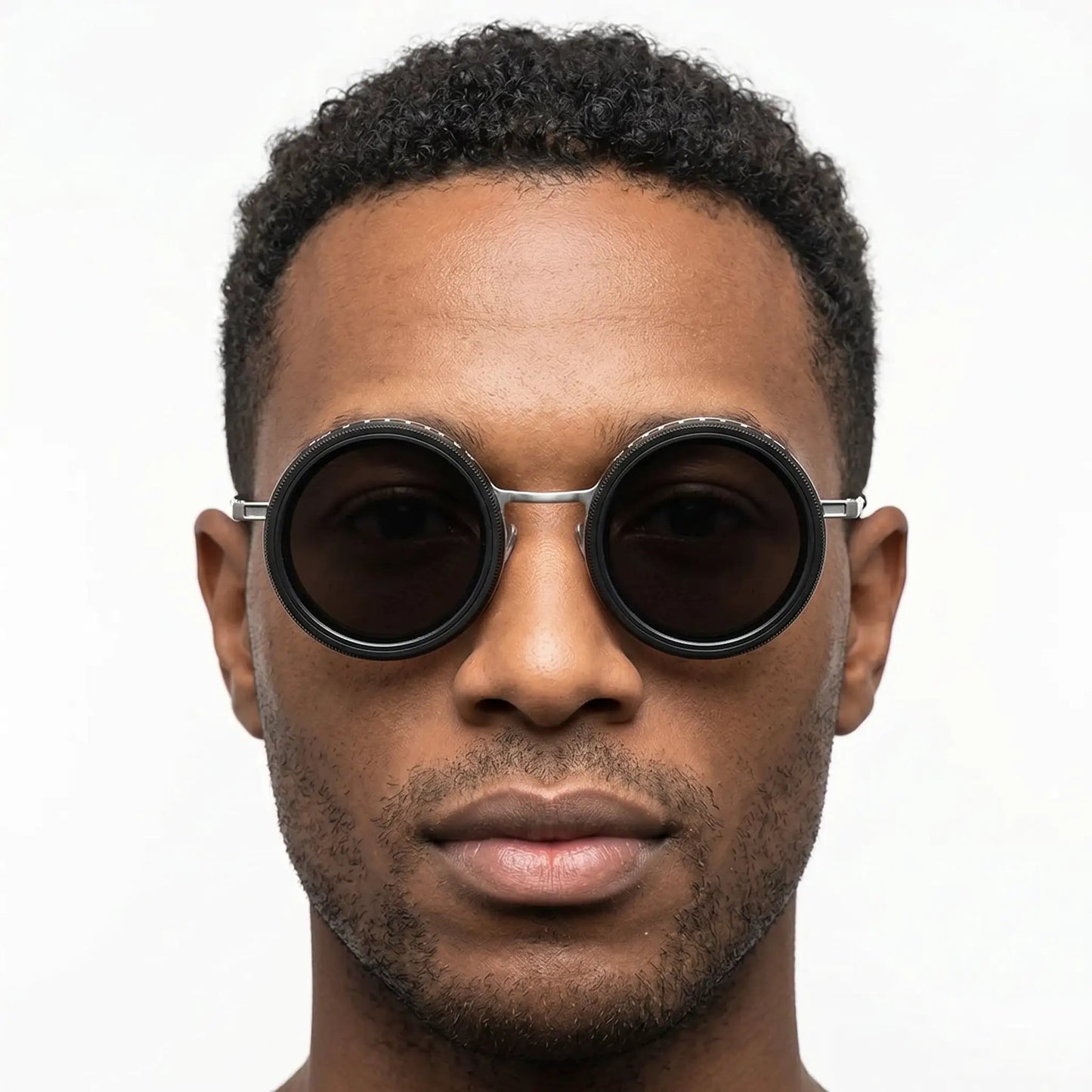 Quorion black magnetic clip polarized sunglasses with round black frames and dark lenses – Astroshadez