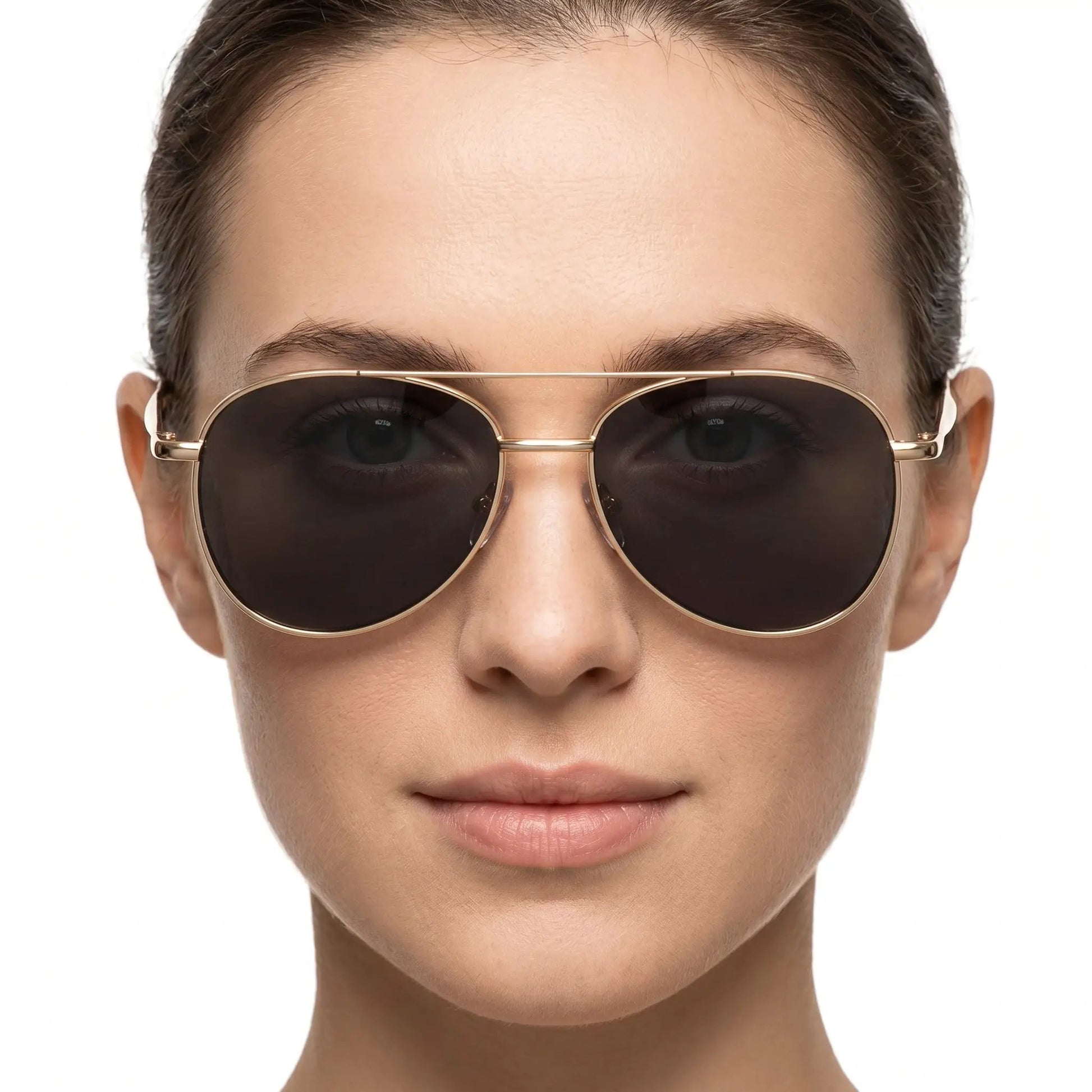 Quellin Gold Pilot Gradient Sunglasses, gold aviator frame with dark brown gradient lenses – Astroshadez