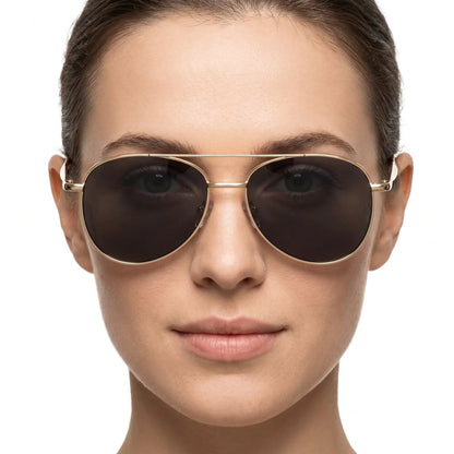 Quellin Gold Pilot Gradient Sunglasses, gold aviator frame with dark brown gradient lenses – Astroshadez
