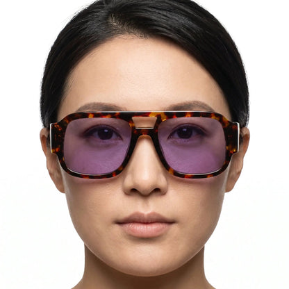 Aurex tortoiseshell oversized square sunglasses with a double-bridge and purple lenses – Astroshadez