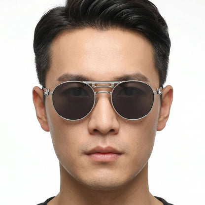 Aurex silver round metal frame sunglasses with dark lenses and decorative top bar – Astroshadez