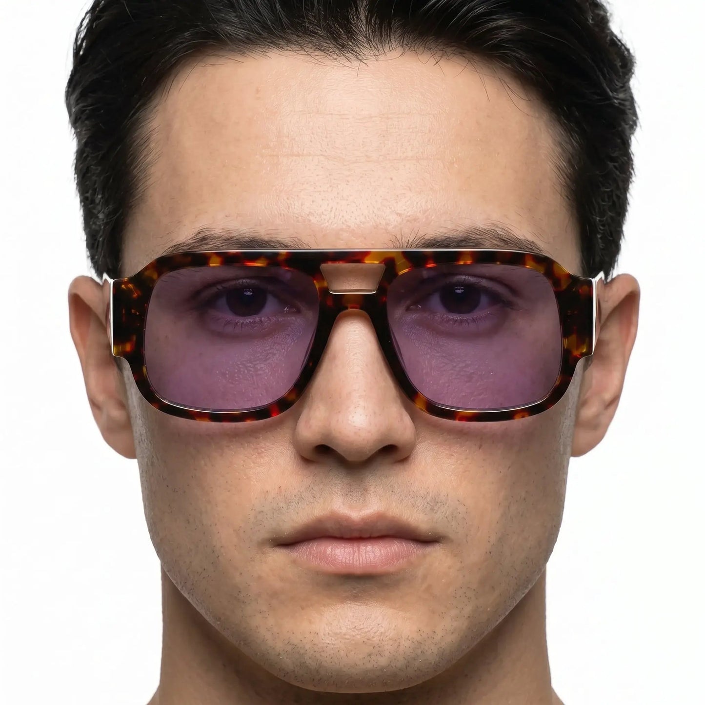 Aurex tortoiseshell double-bridge sunglasses with purple lenses – Astroshadez