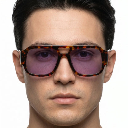 Aurex tortoiseshell double-bridge sunglasses with purple lenses – Astroshadez