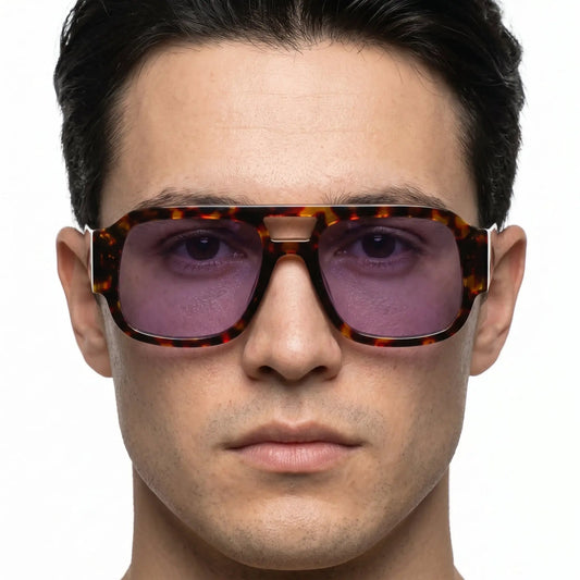 Aurex tortoiseshell double-bridge sunglasses with purple lenses – Astroshadez