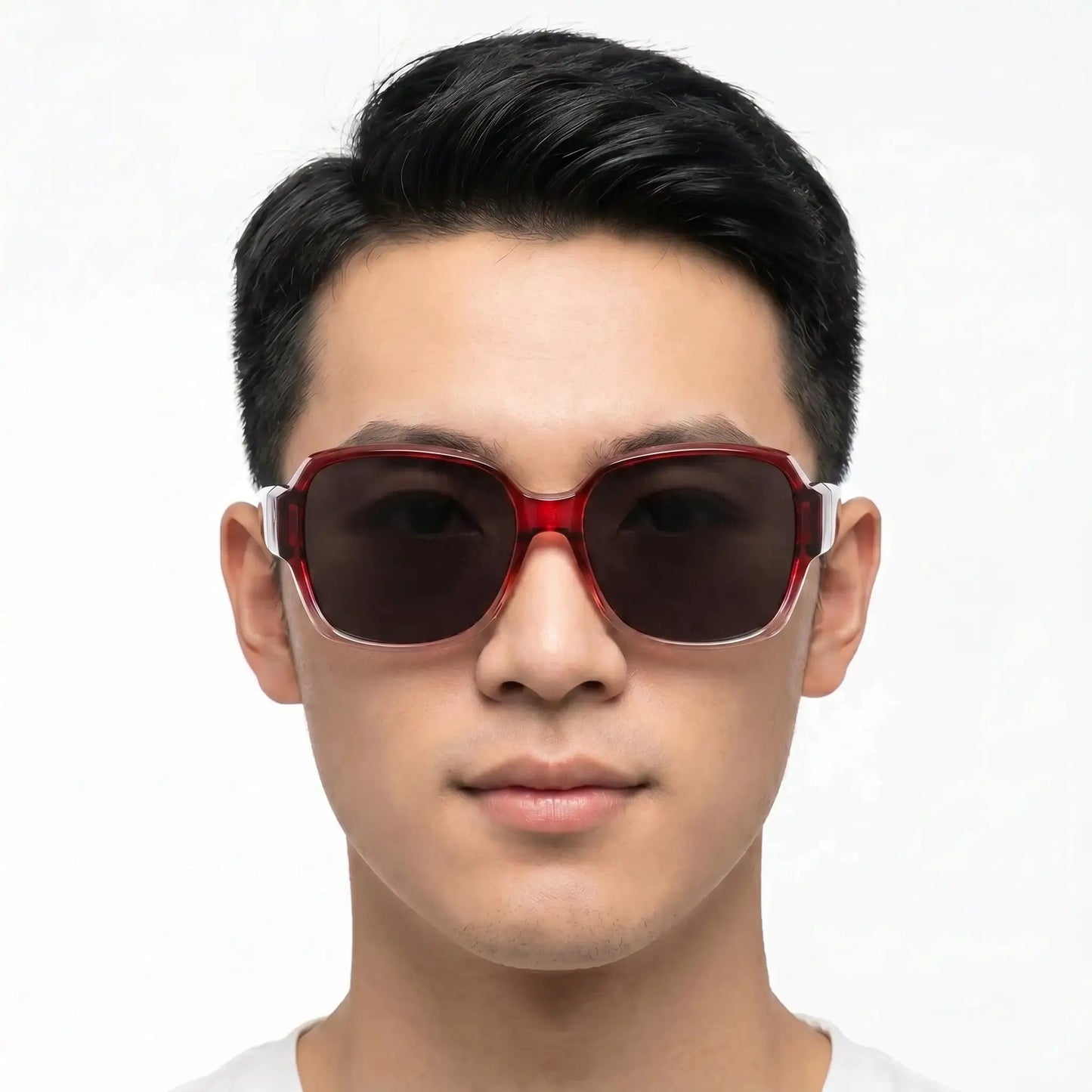 Aurelius red translucent polarized sunglasses with bold rectangular frame and dark lenses – Astroshadez