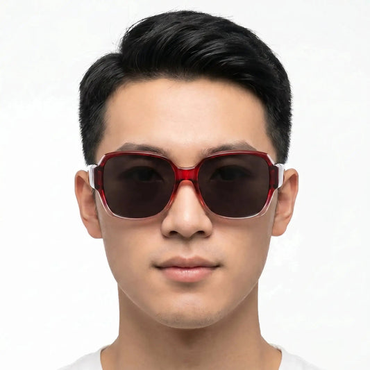 Aurelius red translucent polarized sunglasses with bold rectangular frame and dark lenses – Astroshadez