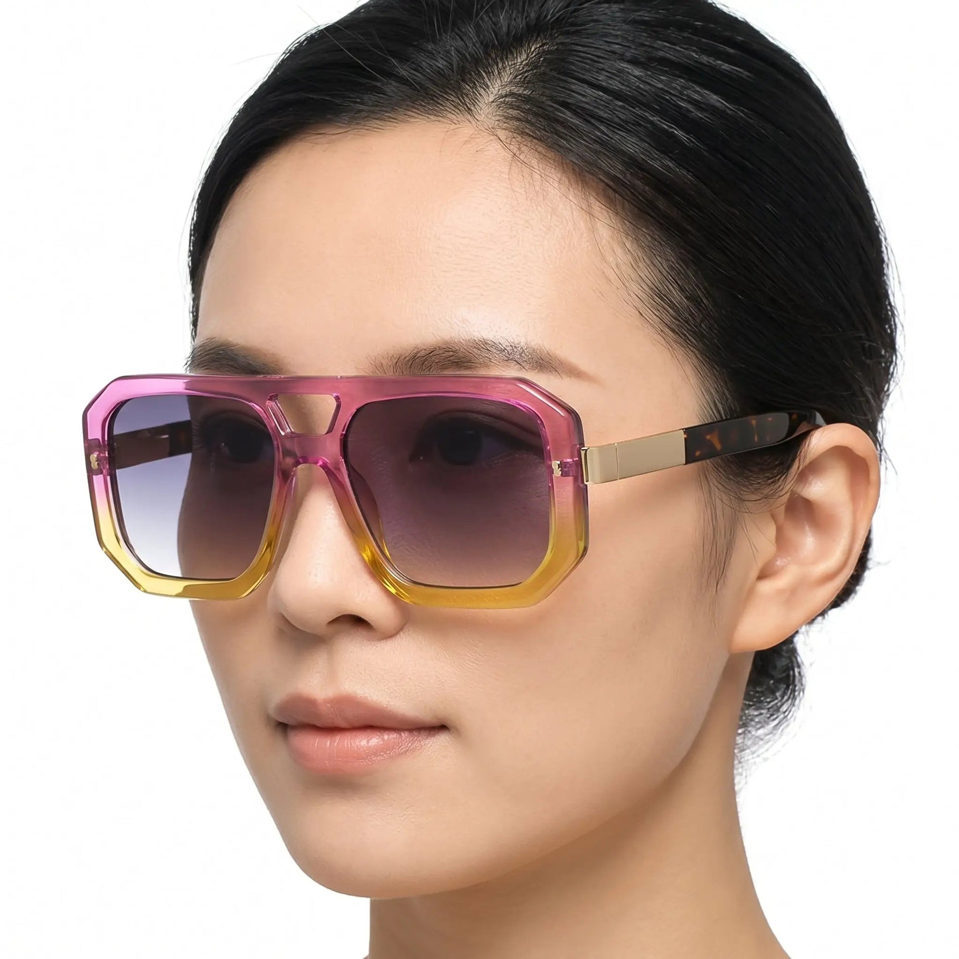 Valore magenta-to-yellow gradient oversized sunglasses with purple lenses and gold temples – Astroshadez