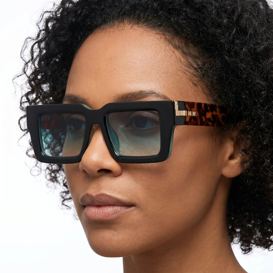 Quorion Leopard Gradient Retro Square Sunglasses with black front frame, tortoise temples, gradient lenses – Astroshadez