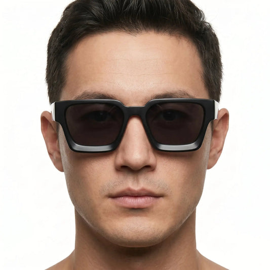 Auriastrum Jet Black squared sunglasses with bold black frame and dark lenses – Astroshadez