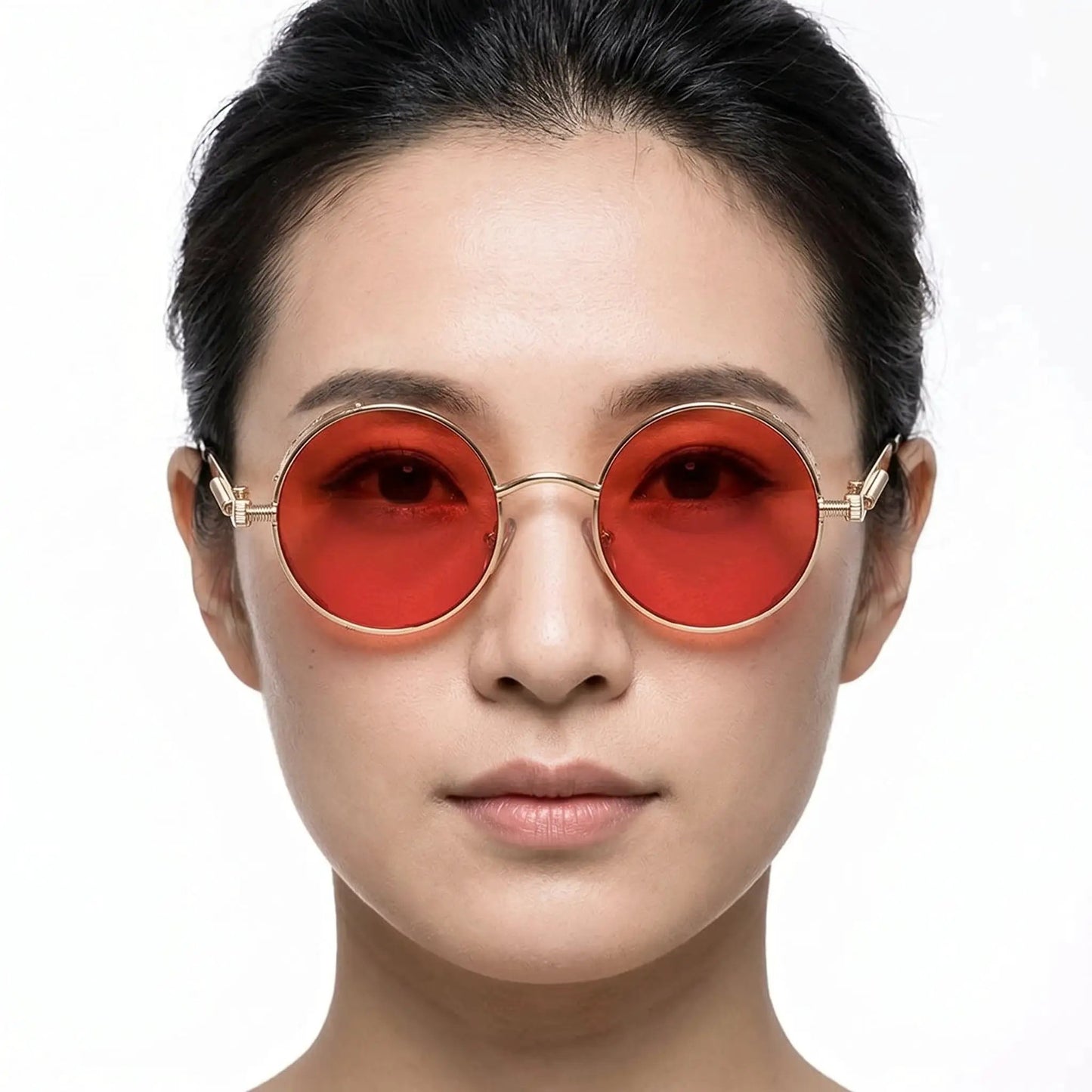 Aureon Gold round sunglasses with red lenses, gold metal frame, retro circular style – Astroshadez