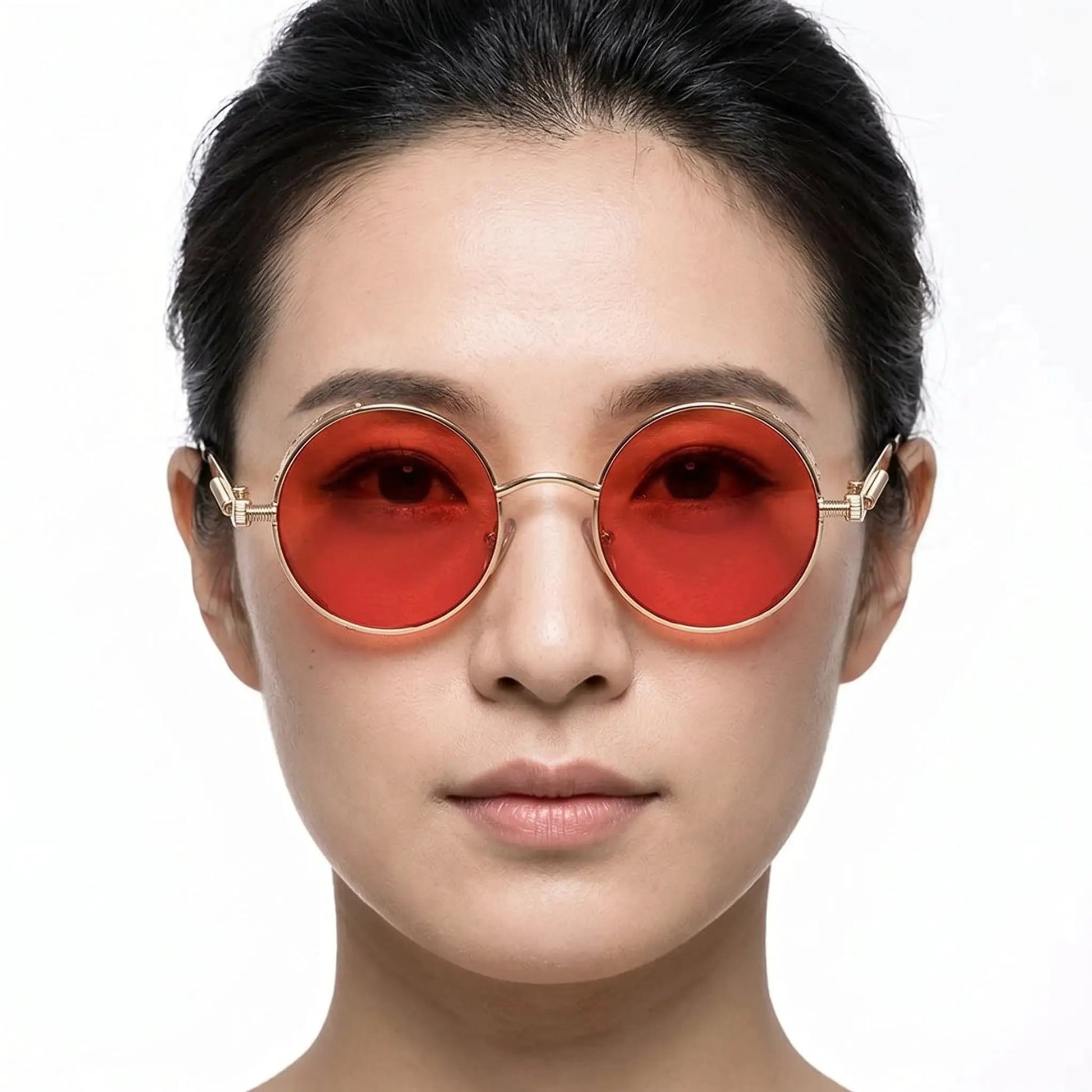 Aureon Gold round sunglasses with red lenses, gold metal frame, retro circular style – Astroshadez