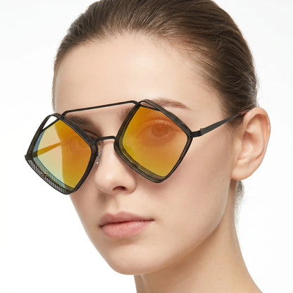 Lumera Obsidian hollow-frame sunglasses with gradient mirror orange-to-gold lenses on model – Astroshadez