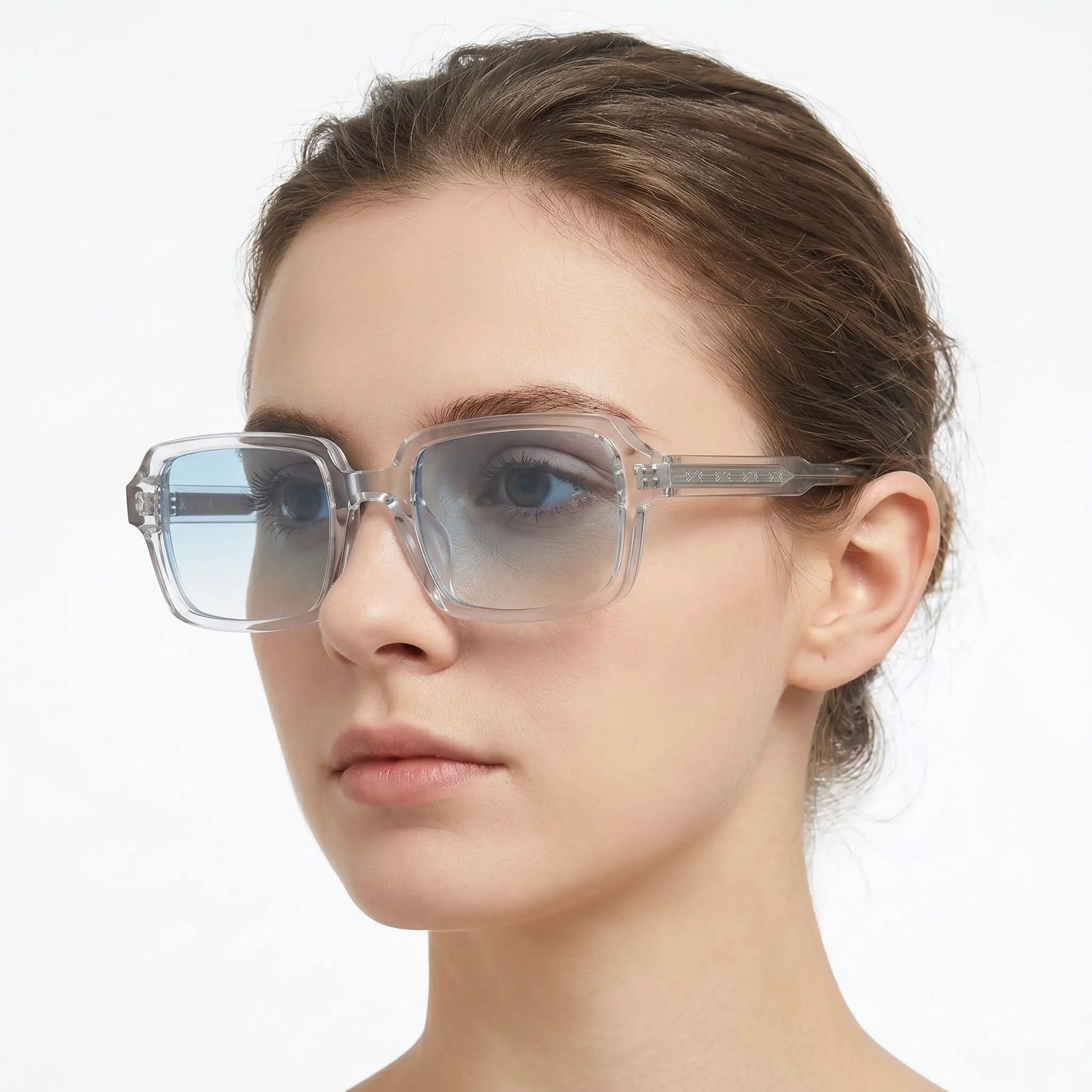 Lumivera clear acetate gradient sunglasses with transparent rectangular frames and blue gradient lenses – Astroshadez