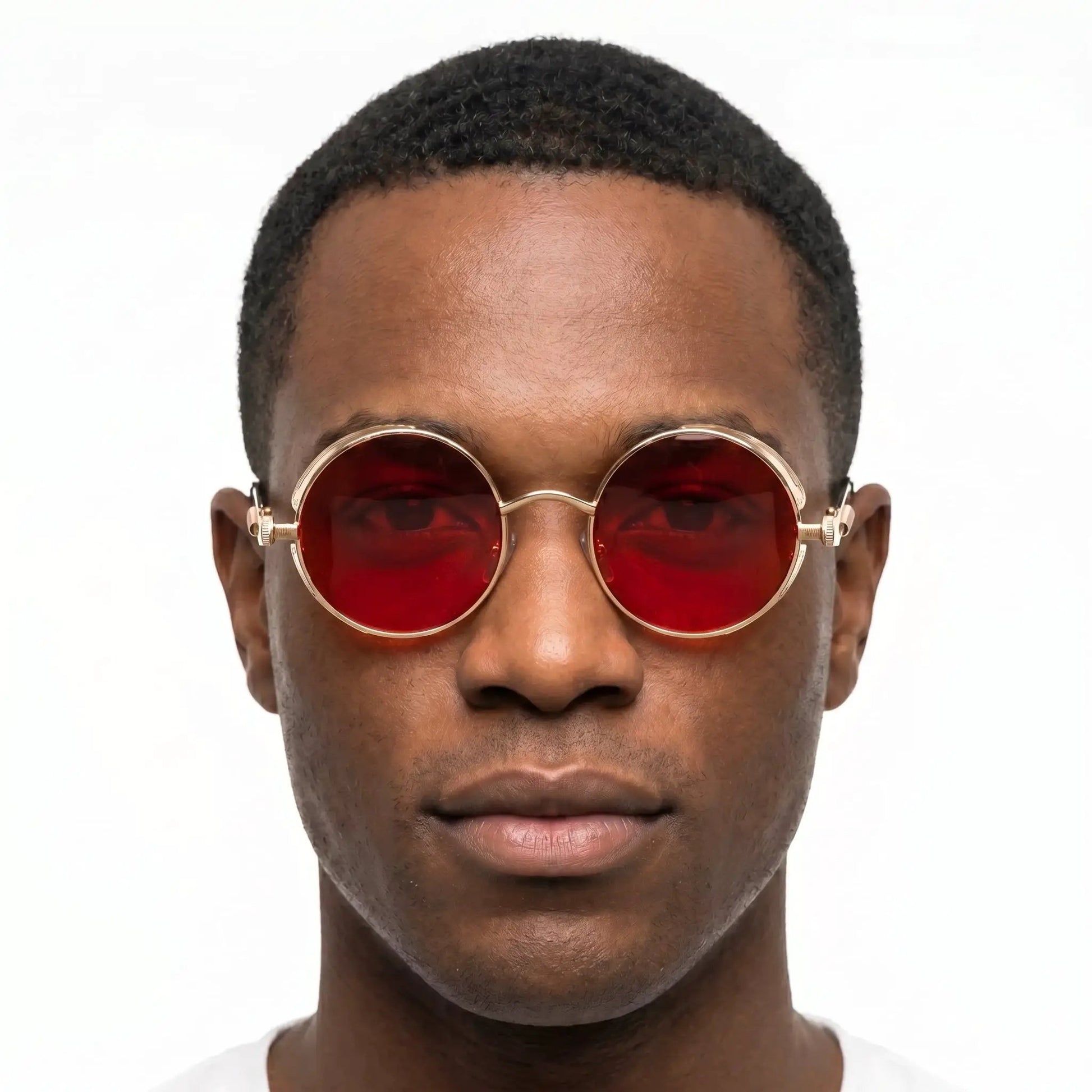 Aureon Gold round sunglasses with red lenses; gold frame; Astroshadez – Astroshadez
