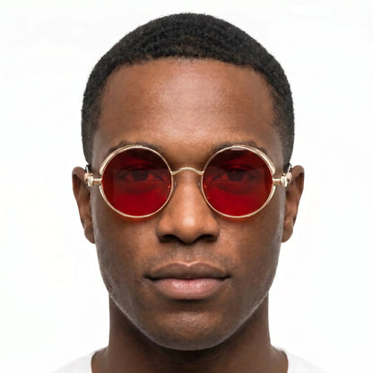 Aureon Gold round sunglasses with red lenses; gold frame; Astroshadez – Astroshadez