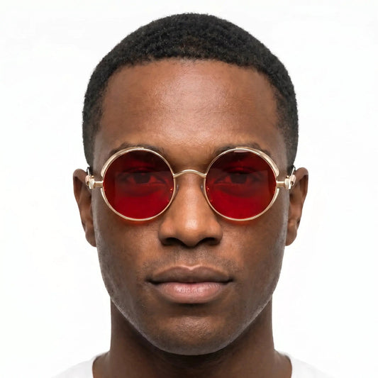 Aureon Gold round sunglasses with red lenses; gold frame; Astroshadez – Astroshadez