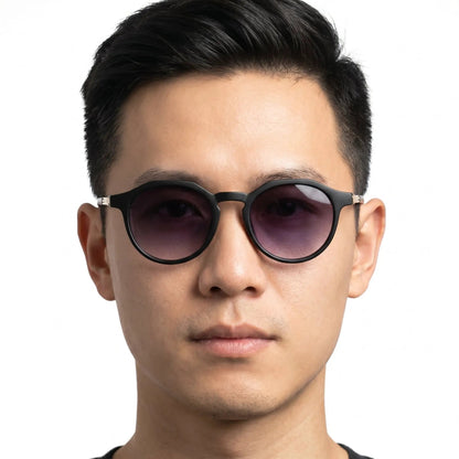 Nivara black round gradient sunglasses with black frame and purple lenses – Astroshadez
