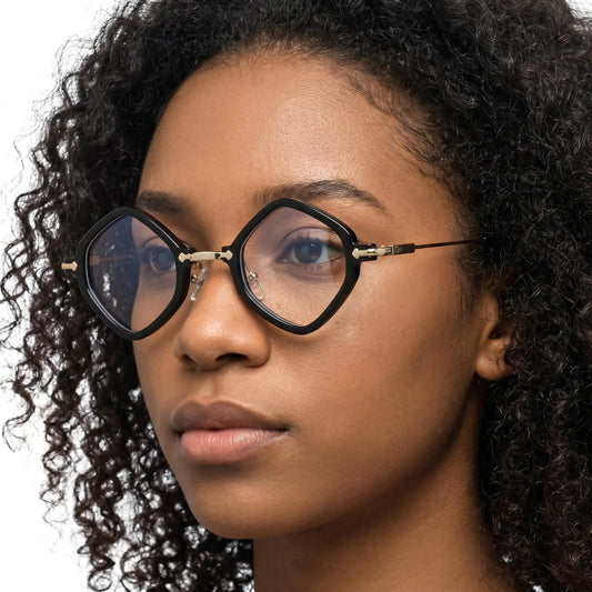 AetherialQuadrant black square sunglasses with black frame, gold accents, and blue-purple tinted lenses – Astroshadez