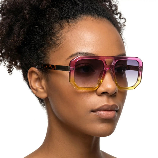 Aurelius pink gradient oversized square sunglasses; pink frame, pink-to-yellow gradient lenses – Astroshadez