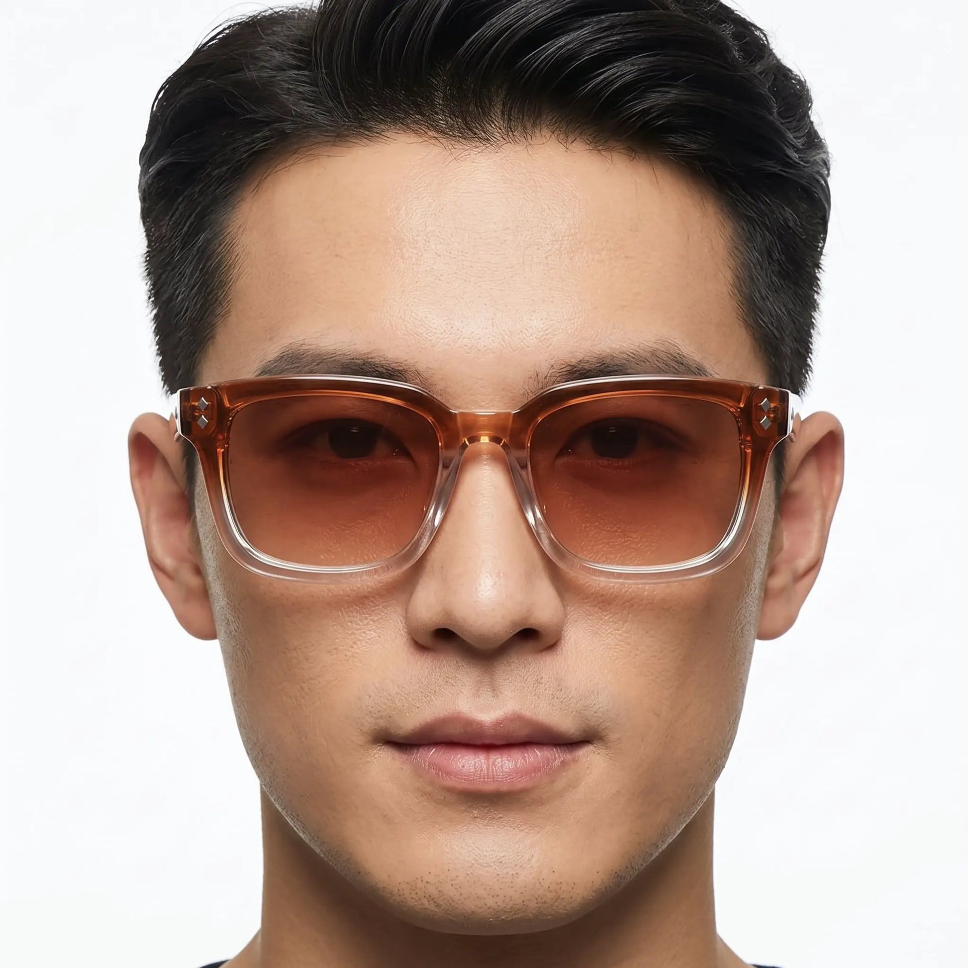 Aurexion Amber Gradient Square sunglasses with a translucent amber frame and amber gradient lenses – Astroshadez