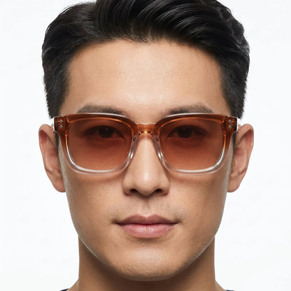 Aurexion Amber Gradient Square sunglasses with a translucent amber frame and amber gradient lenses – Astroshadez