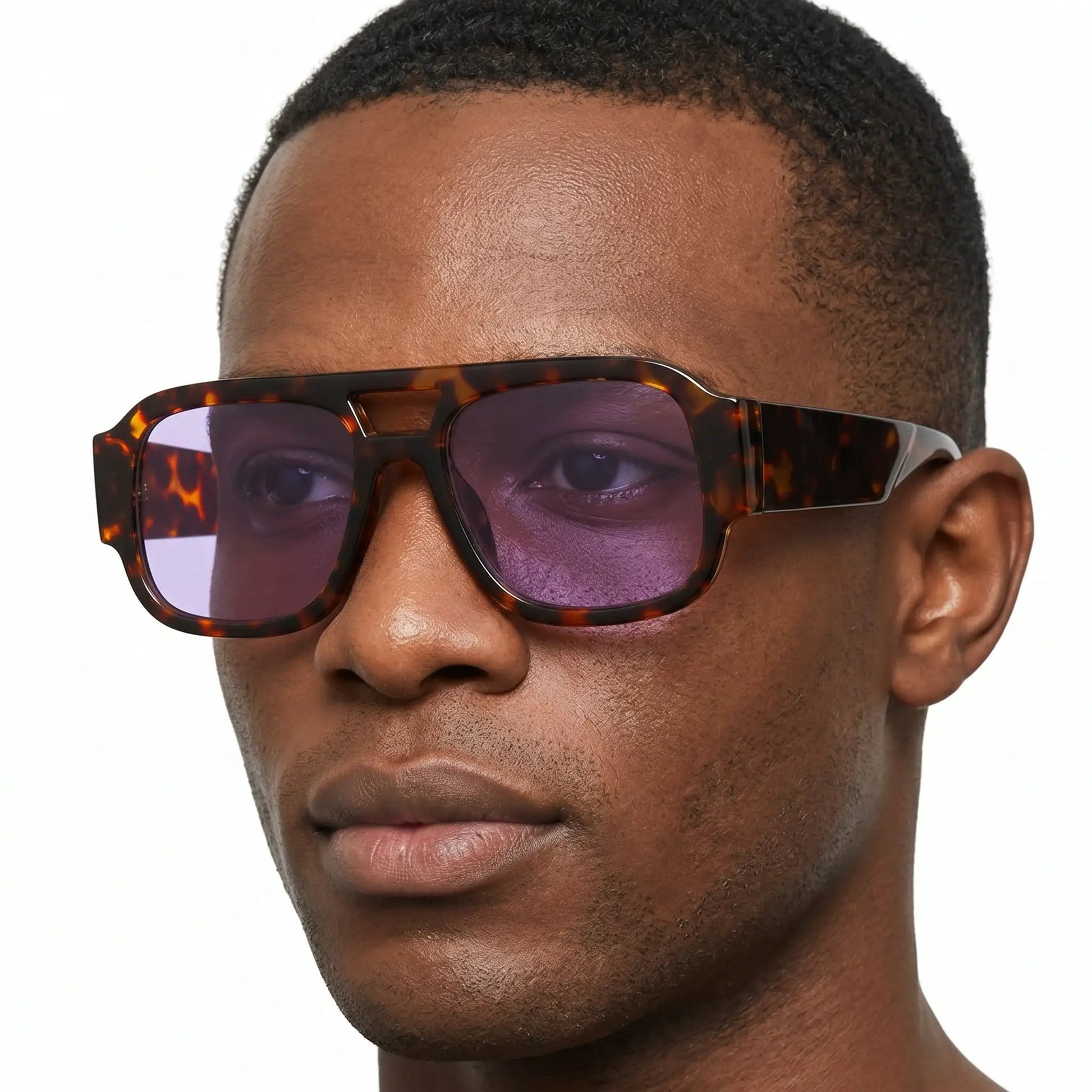 Luxon tortoiseshell double-bridge sunglasses with purple lenses – Astroshadez