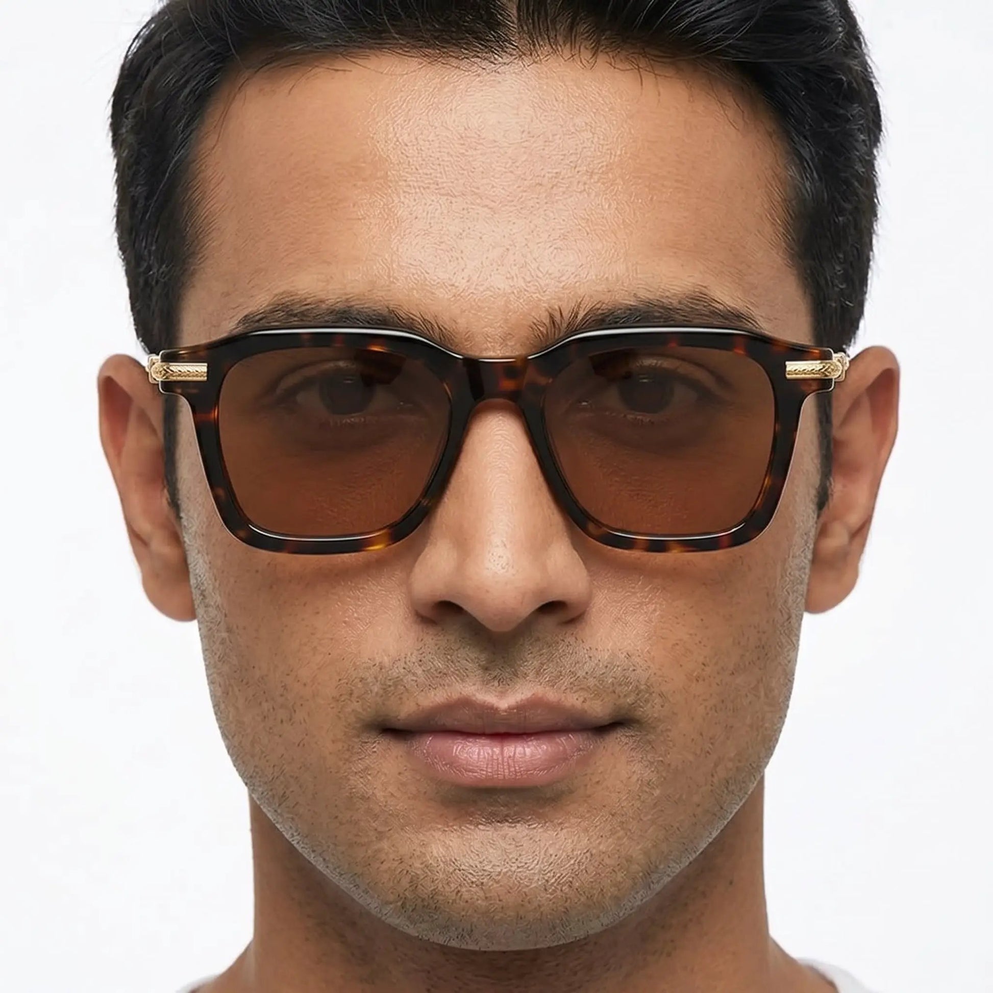 Aeronyx tortoiseshell acetate square sunglasses with brown lenses and gold-tone temple accents – Astroshadez