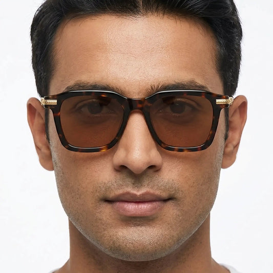 Aeronyx tortoiseshell acetate square sunglasses with brown lenses and gold-tone temple accents – Astroshadez