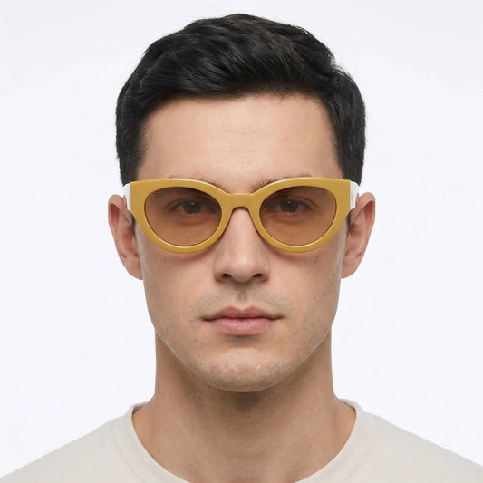 Aethera mustard acetate cat-eye sunglasses with bold yellow frames and brown lenses – Astroshadez