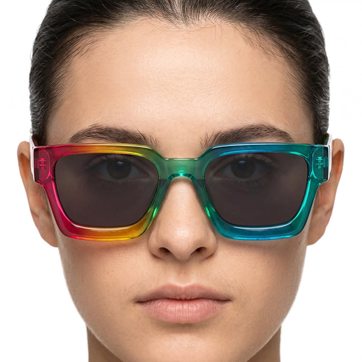 Solstice Iridescent Rainbow UV400 Polarized sunglasses with rainbow-hued rectangular shield frame – Astroshadez