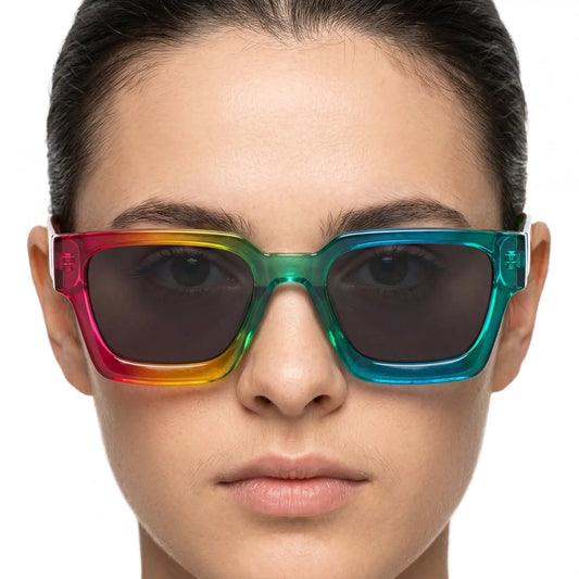 Solstice Iridescent Rainbow UV400 Polarized sunglasses with rainbow-hued rectangular shield frame – Astroshadez