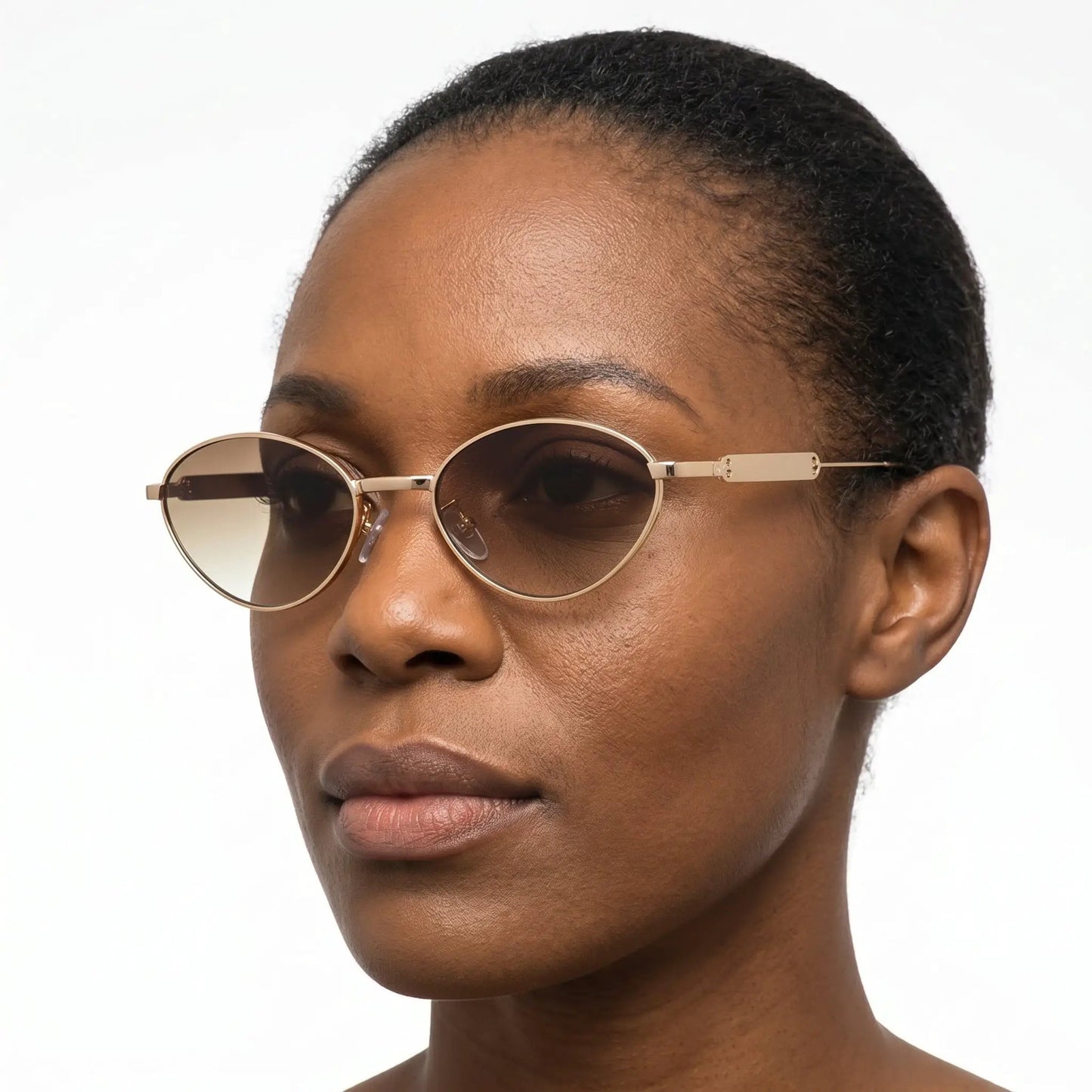 Aureden gold metal cat-eye sunglasses with gradient brown lenses; slim frame and chic design – Astroshadez