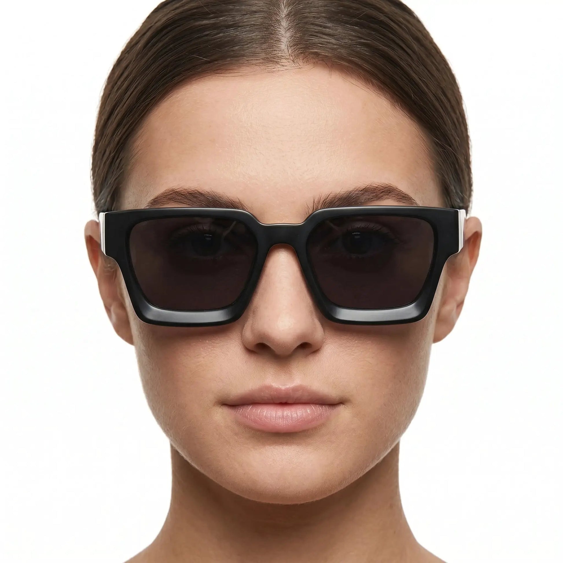 Auriastrum Jet Black Squared Sunglasses with an oversized black frame and dark-tinted lenses – Astroshadez