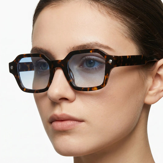 Zyphra tortoiseshell gradient sunglasses with bold square frame on model – Astroshadez