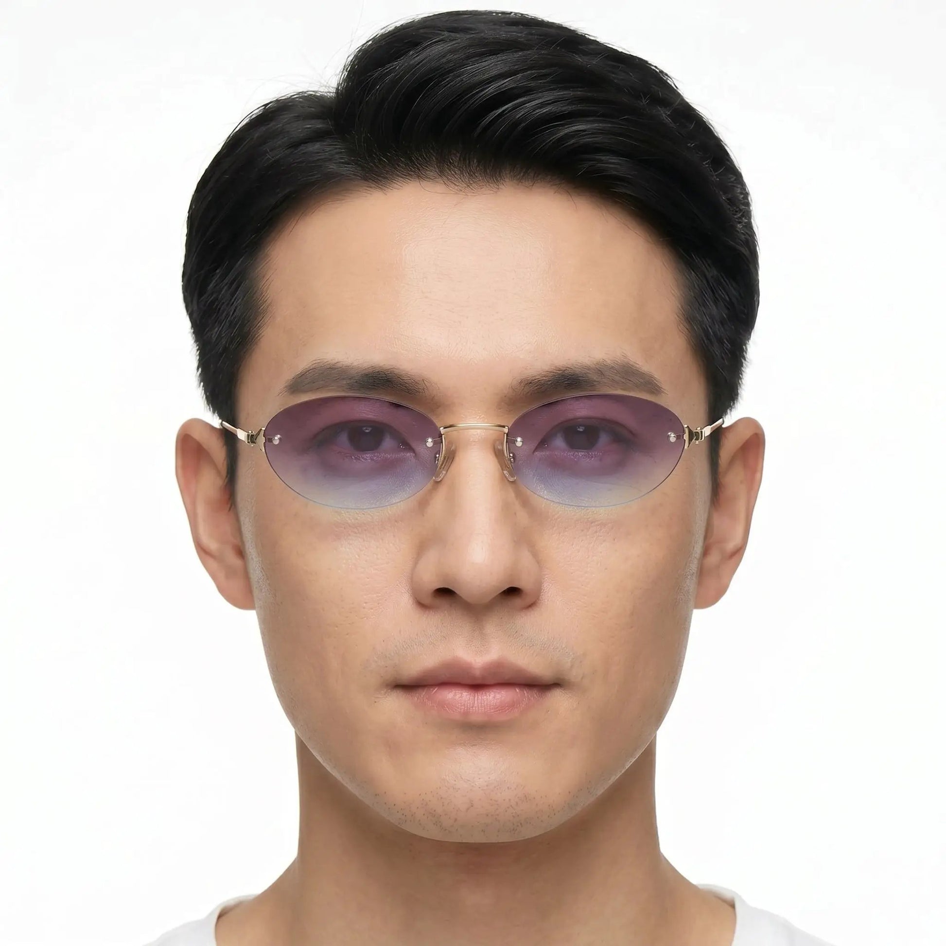 Aurelius gold rimless oval sunglasses with pink-purple gradient lenses – Astroshadez