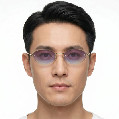 Aurelius gold rimless oval sunglasses with pink-purple gradient lenses – Astroshadez